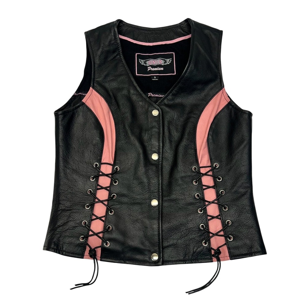 UNIK Premium Ladies Leather Motorcycle Vest - Black & Pink - Size Small‎